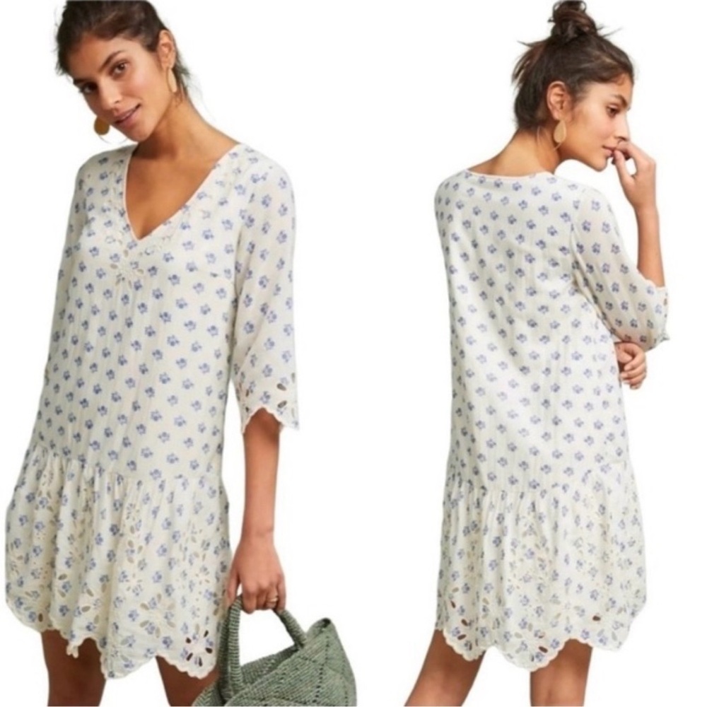 Anthropologie Meadow Rue Cream Dress & Blue Floral Print & Cut Outs Handkerchief